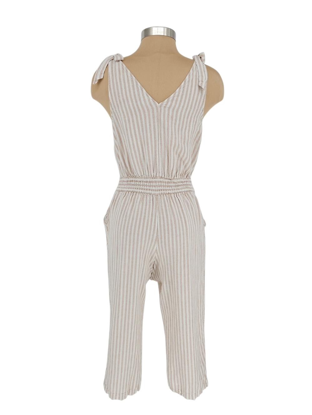 A New Day Cropped Jumpsuit Linen Beige Stripe Tie Straps V Neck Pants Romper XS - Picture 4 of 7
